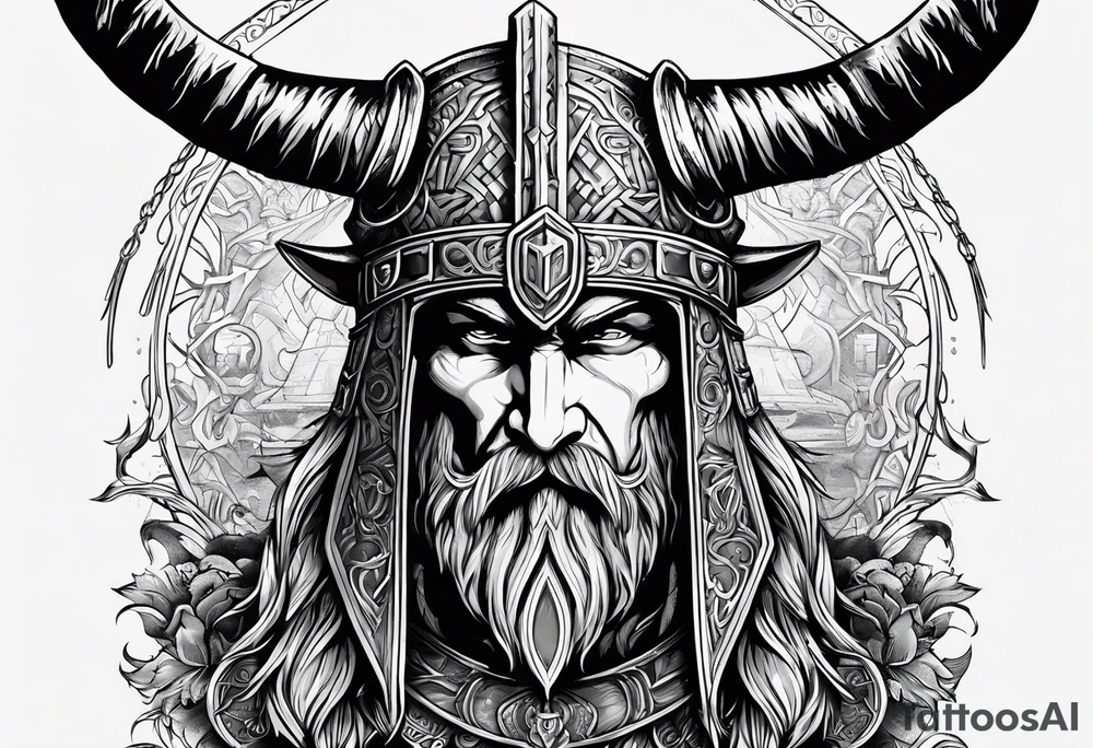 Odins face with a helmet on that has horns, lightning running through it, and other Norse mythological objects in around tattoo idea