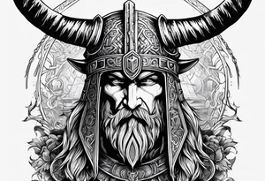 Odins face with a helmet on that has horns, lightning running through it, and other Norse mythological objects in around tattoo idea