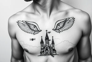 tattoo only  n the left side of the chest, paratrooper wings in the clouds with helicopters and paratroopers on their feet and below the church of cyril and methodius from prague tattoo idea