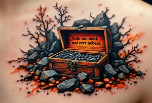 "Kde nic neni, ani cert nebere." — An empty treasure chest surrounded by scorched earth in black and rust tones, the quote carved into its lid. tattoo idea