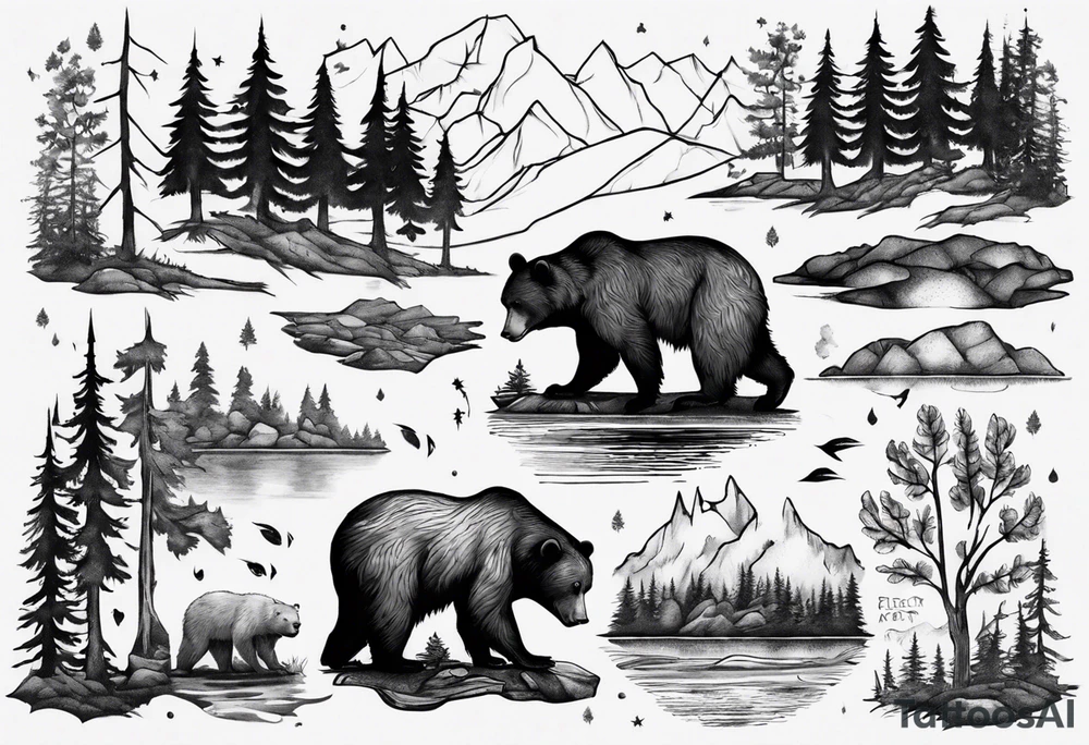 bear, forest, lake, appalachia, arm sleeve tattoo tattoo idea