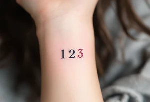 Three delicate Roman numerals "1 2 3" tattooed side by side. Numbers 1 and 2 in black in, number 3 pink ink tattoo idea