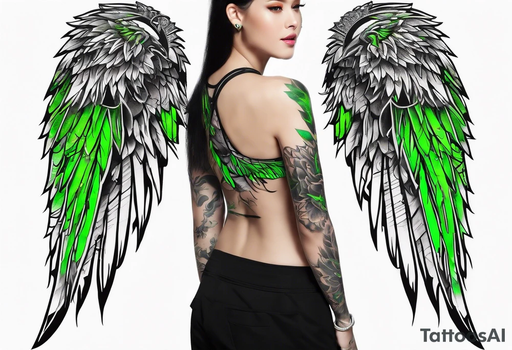 Forearm wing tattoo with streaks of neon green lightning going through/around it tattoo idea