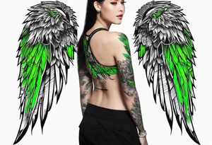 Forearm wing tattoo with streaks of neon green lightning going through/around it tattoo idea