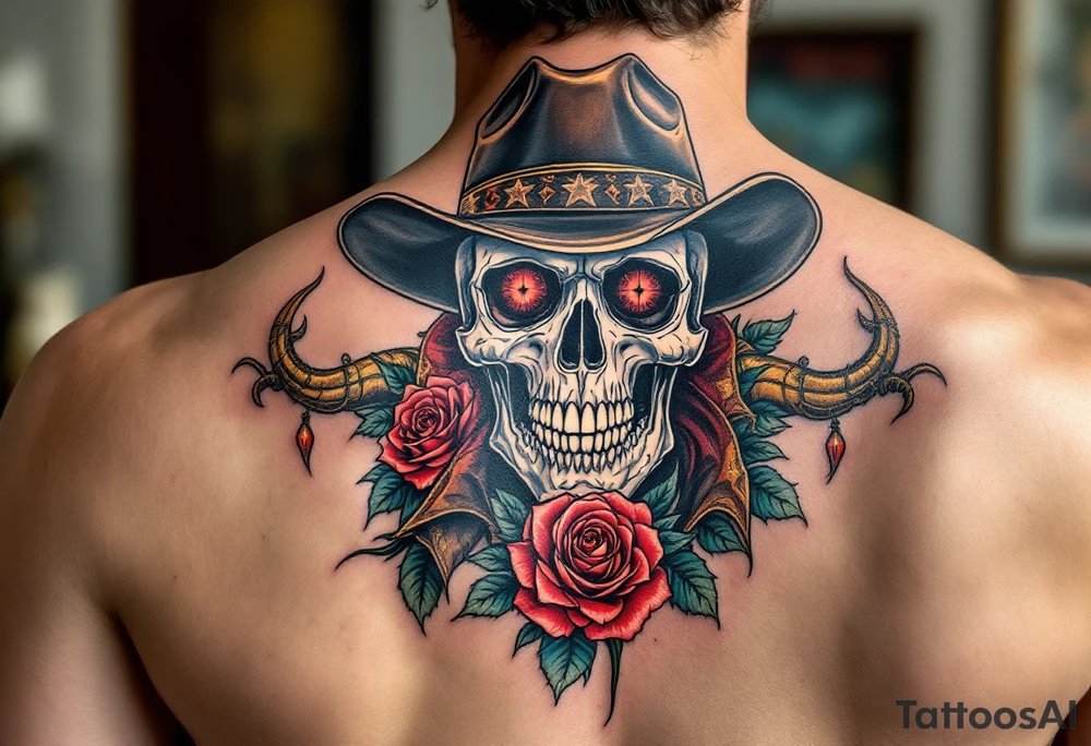 skeleton cowboy with rose in teeth tattoo idea
