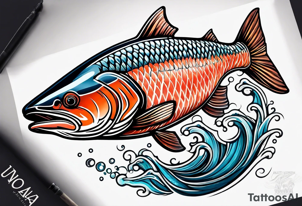 coho salmon fish with mountains and rivers inside of the body of the fish jumping through the air tattoo idea