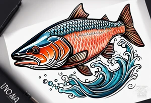 coho salmon fish with mountains and rivers inside of the body of the fish jumping through the air tattoo idea