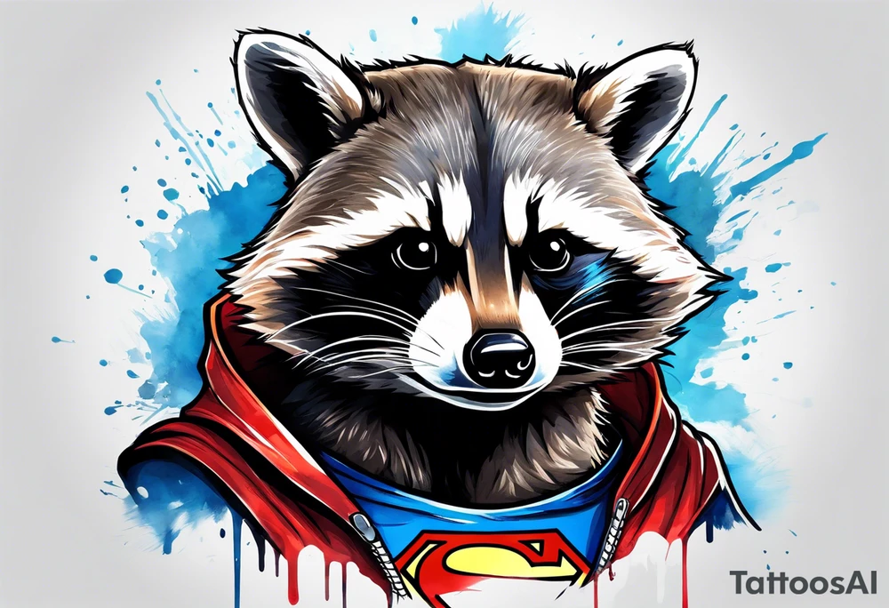 raccoon wearing a Superman hoodie tattoo idea