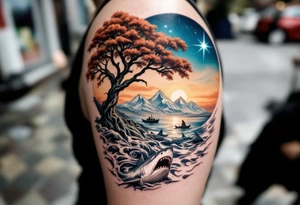 tattoo that has an acacia tree with mountains, ocean with a ship wreck with sharks and the northern star tattoo idea