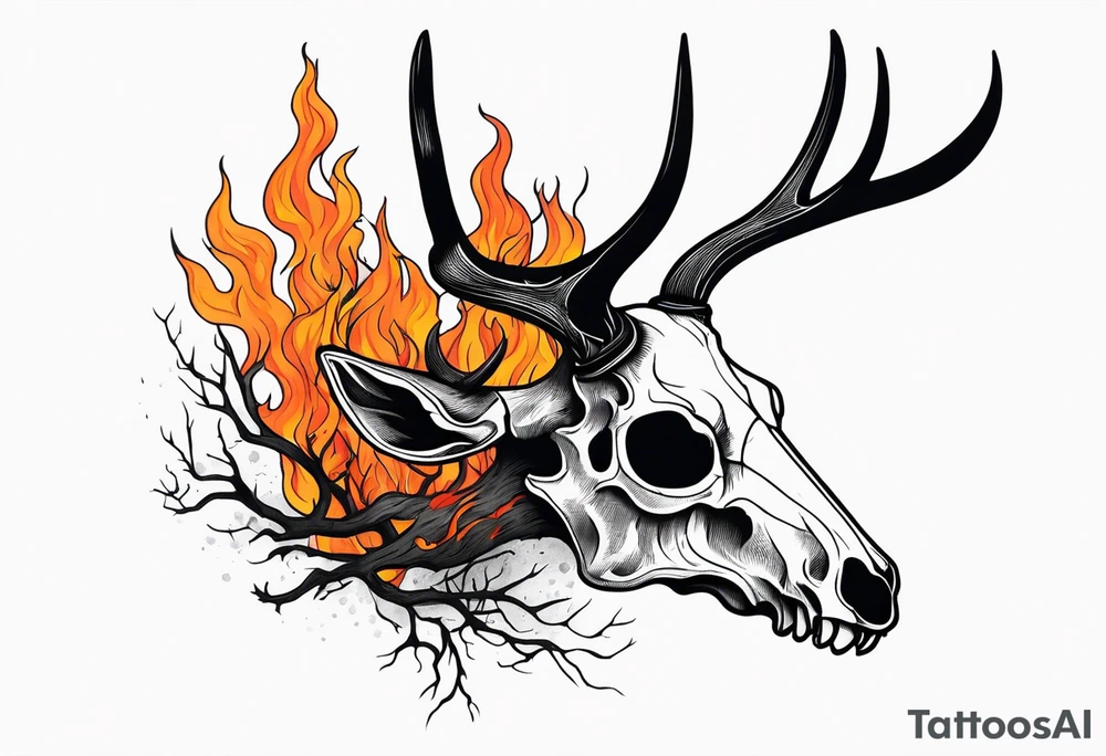 side profile of a DECAYING deer skull JUST BONE surrounded by a flames and trees tattoo idea