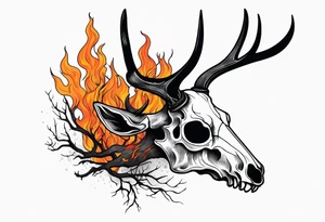 side profile of a DECAYING deer skull JUST BONE surrounded by a flames and trees tattoo idea