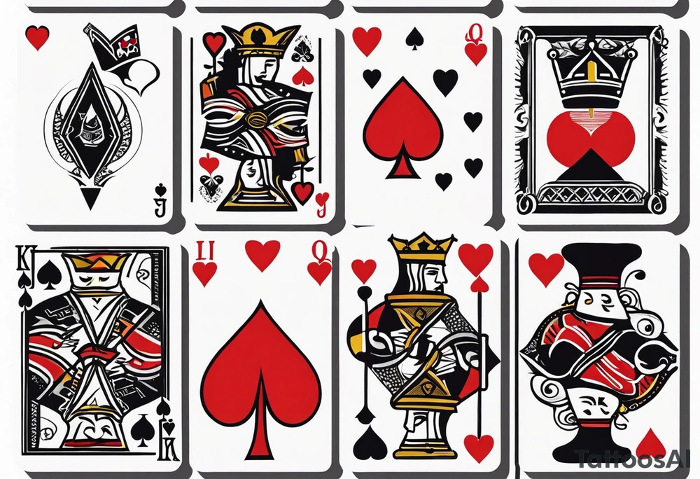 one combined tatto in minimalistic style with icon style three king of spades and icon style one queen of hearts. extreme minimalstic and few lines tattoo idea