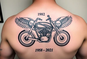 the year 1958 - 2021 with a motorcycle on it with guardian angel wolves tattoo idea