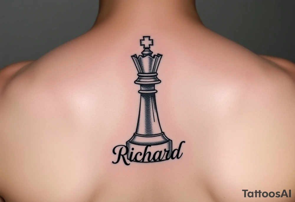 A king chess piece with the name Richard incorporated into the bottom of the piece tattoo idea