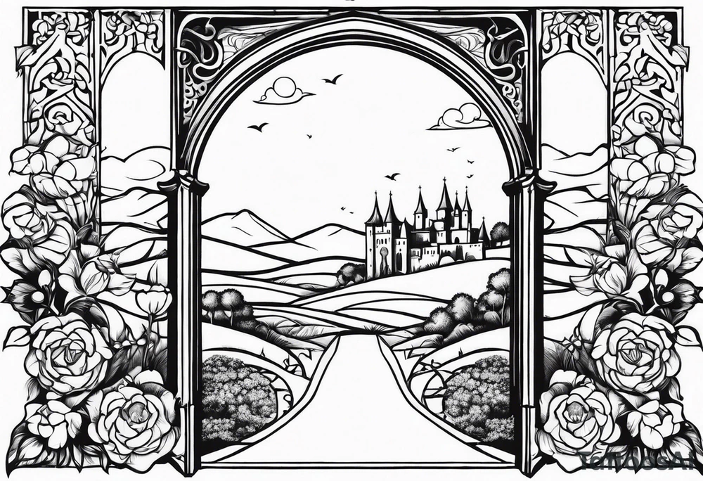 medieval tribal city gate floral land vignette tattoo idea