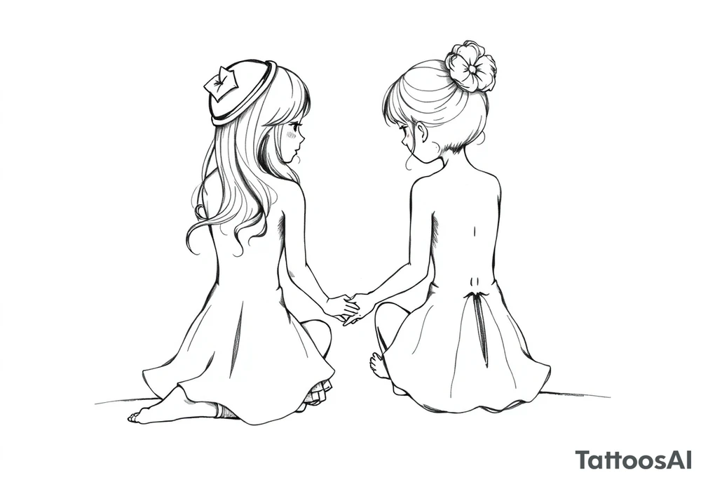 Zwei kleine mädchen sitzen sich gegenüber eine hat einen Dutt die andere einen Zopf und sie berühren sich an den Fußsohlen tattoo idea