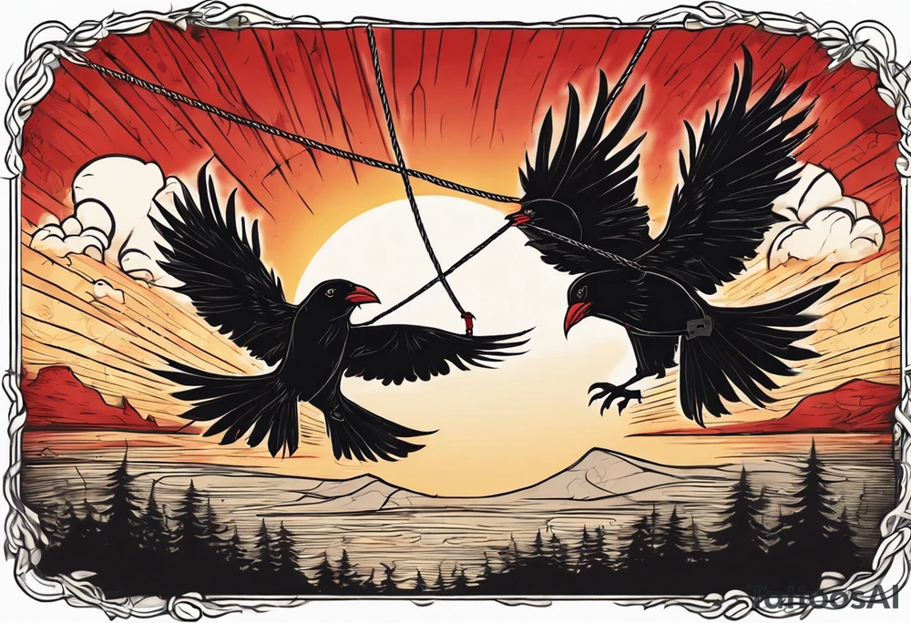 Two black crows flying into the sunset as they carry one long red string between them. tattoo idea