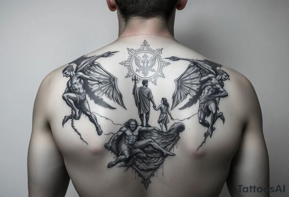 A battle between angels and demons while a father guides his son through the path of life showing battle wounds on back on his way to the gates of heaven tattoo idea