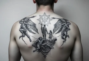 A battle between angels and demons while a father guides his son through the path of life showing battle wounds on back on his way to the gates of heaven tattoo idea