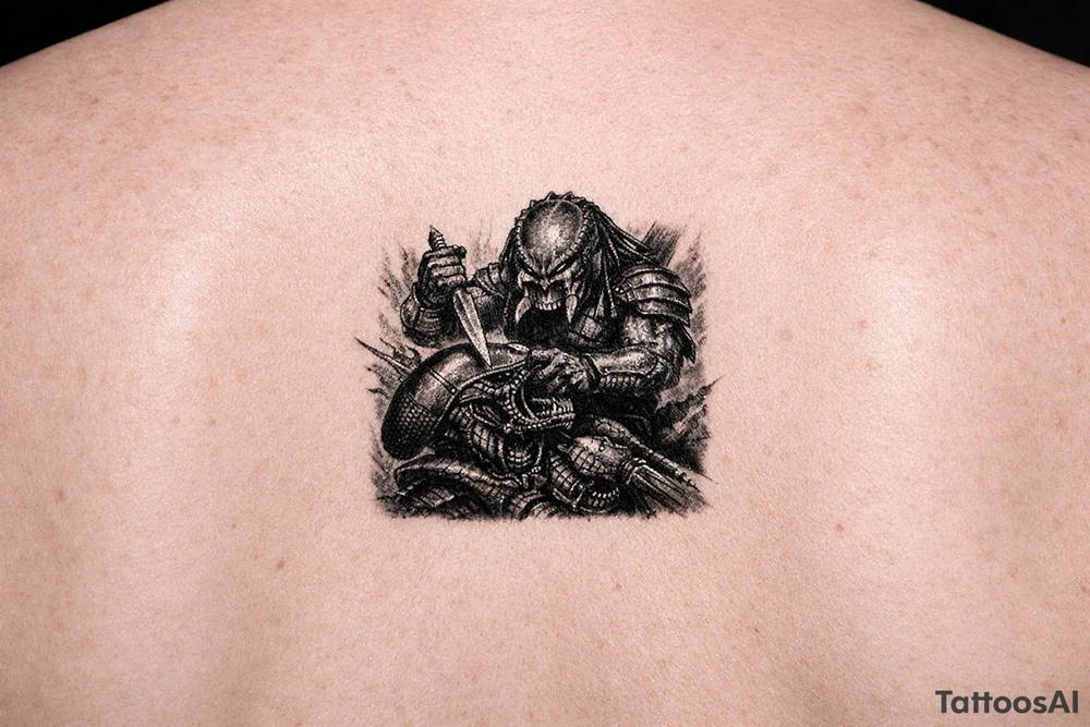 predator (from the movie) killing an alien on the forearm tattoo tattoo idea