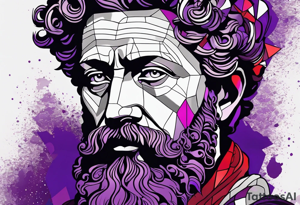 The Face of marcus aurelius with the lower left half missing. He is looking slightly away at 25 degrees. Geometric symbols framing the background. The background has small color splashes of red and purple. tattoo idea