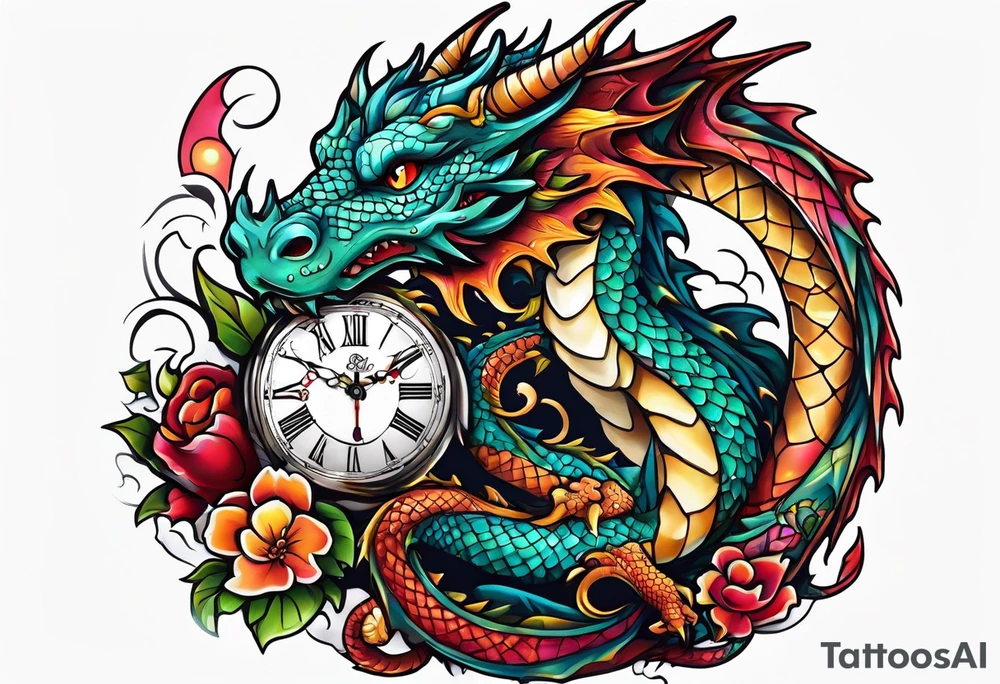 Dragon kawaii , clock, cross tattoo idea
