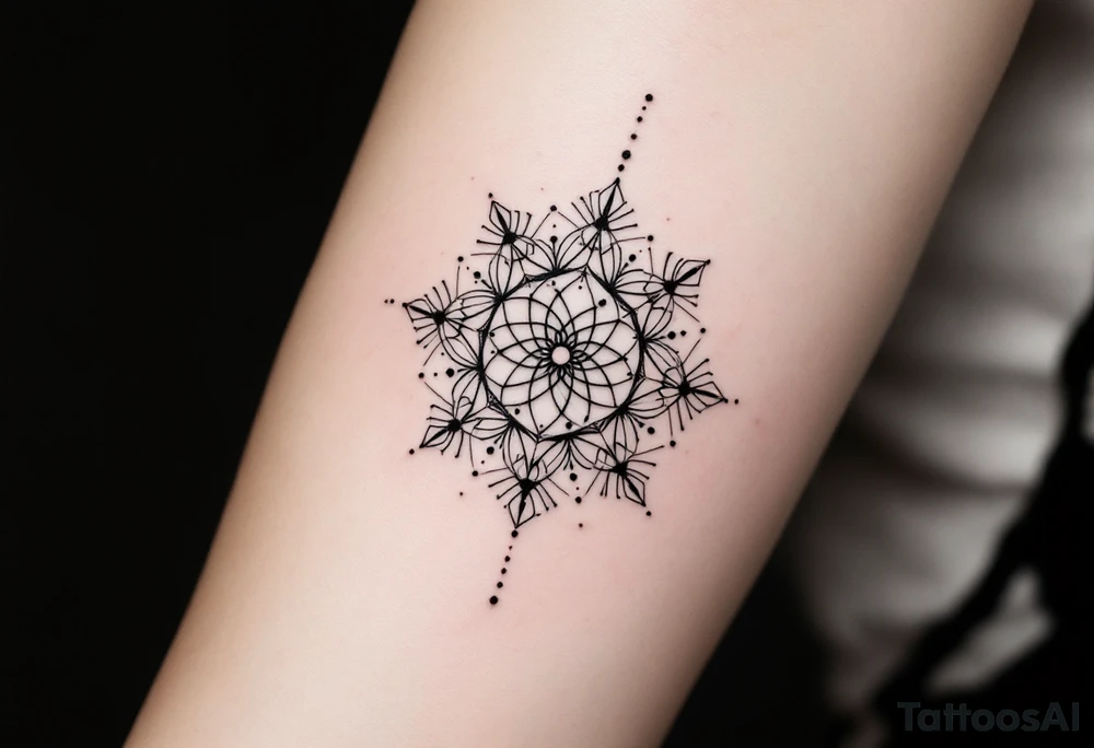 fine-line tattoo, sacred geometry mandala, centerpiece design, dotwork patterns, radiating geometry, symmetrical mandala, geometric shapes, intricate dotwork, sacred patterns, mandala center, geometric radiating, fine line work, black grey shading, minimalist design, no outlines, arm placement, delicate linework, precise geometry, clean symmetry, sacred symbols, geometric precision, dotwork details, mandala focal point, refined patterns, understated complexity, geometric harmony
\ tattoo idea