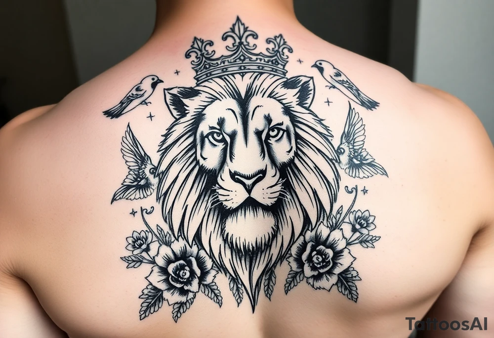 powerful majestic lion with a crown, surrounded by floral ornaments and birds tattoo idea