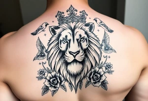 powerful majestic lion with a crown, surrounded by floral ornaments and birds tattoo idea