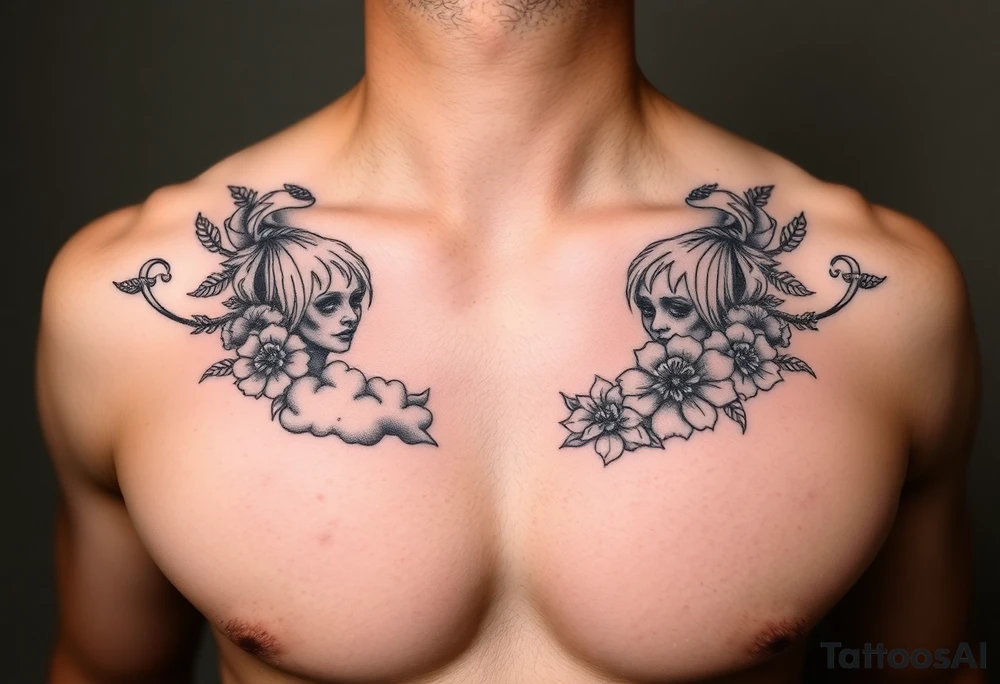 Sexy naked seven deadly sins with clouds and floral tattoo idea