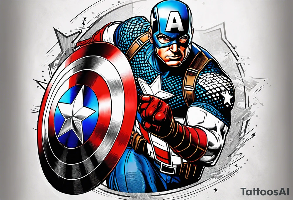 The tattoo shows Captain America throwing his iconic shield with impressive force. His uniform is meticulously detailed, with the stars and stripes of his costume standing out in relief. The shield, with its vibrant colors and distinctive design, is shown in mid-rotation, capturing the character's energy and bravery. tattoo idea