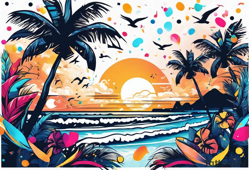 SURFING SAFARI BEACH DANCE 
PARTY WITH CONFETTI AND MUSIC NOTES, TROPICAL DRINKS, SEXY BIKINIS tattoo idea