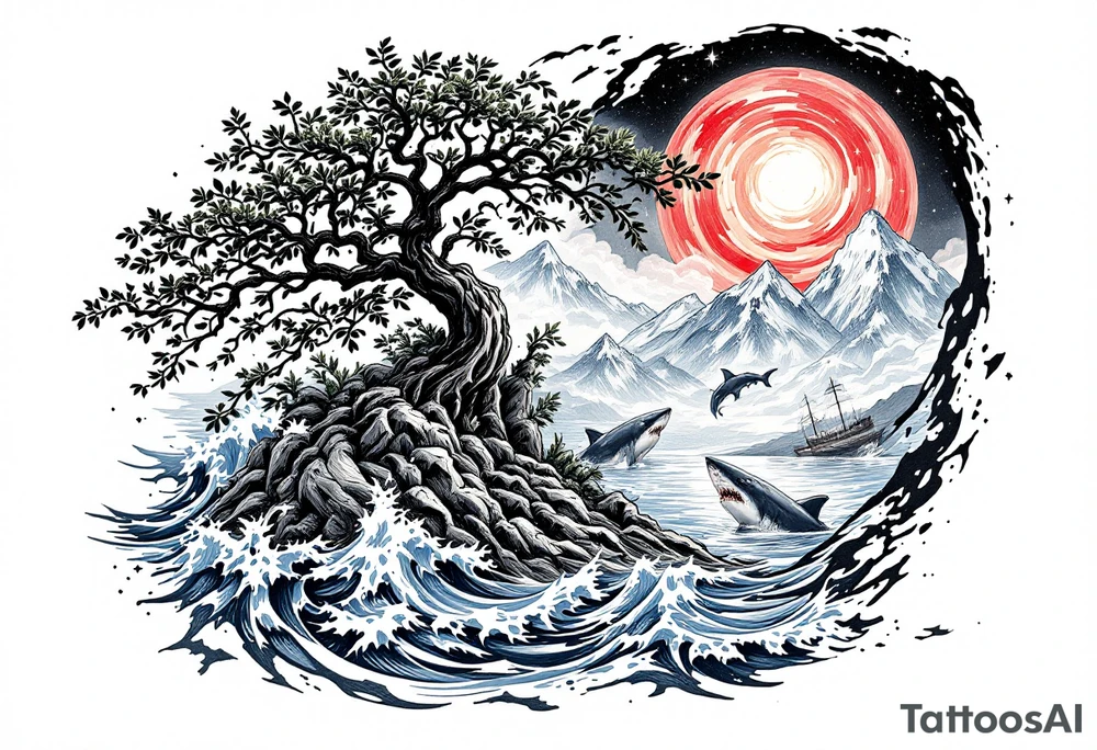 tattoo that has an acacia tree with mountains, ocean with a ship wreck with sharks and the northern star tattoo idea