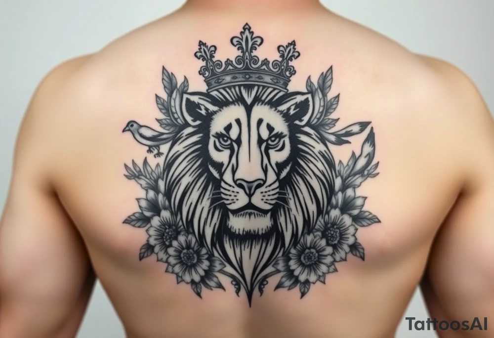 powerful majestic lion with a crown, surrounded by floral ornaments and birds tattoo idea