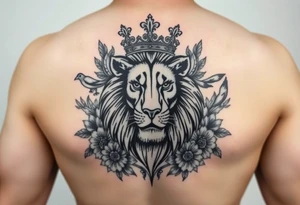 powerful majestic lion with a crown, surrounded by floral ornaments and birds tattoo idea