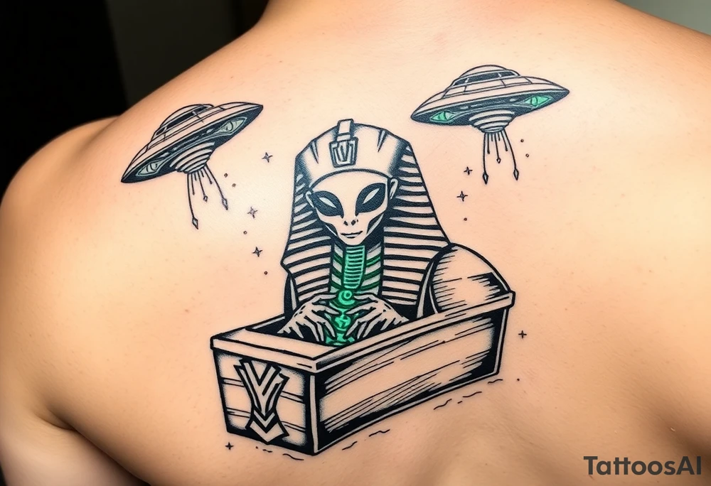 "Pharaoh's sarcophagus opening to reveal a grey alien. Instead of organs: glowing crypto wallets. Floating UFOs are shaped like Chevy Impalas (lowrider style).  

Style: Neo-traditional tattoo with glitch effects. Colors: turquoise/black/neon green." tattoo idea