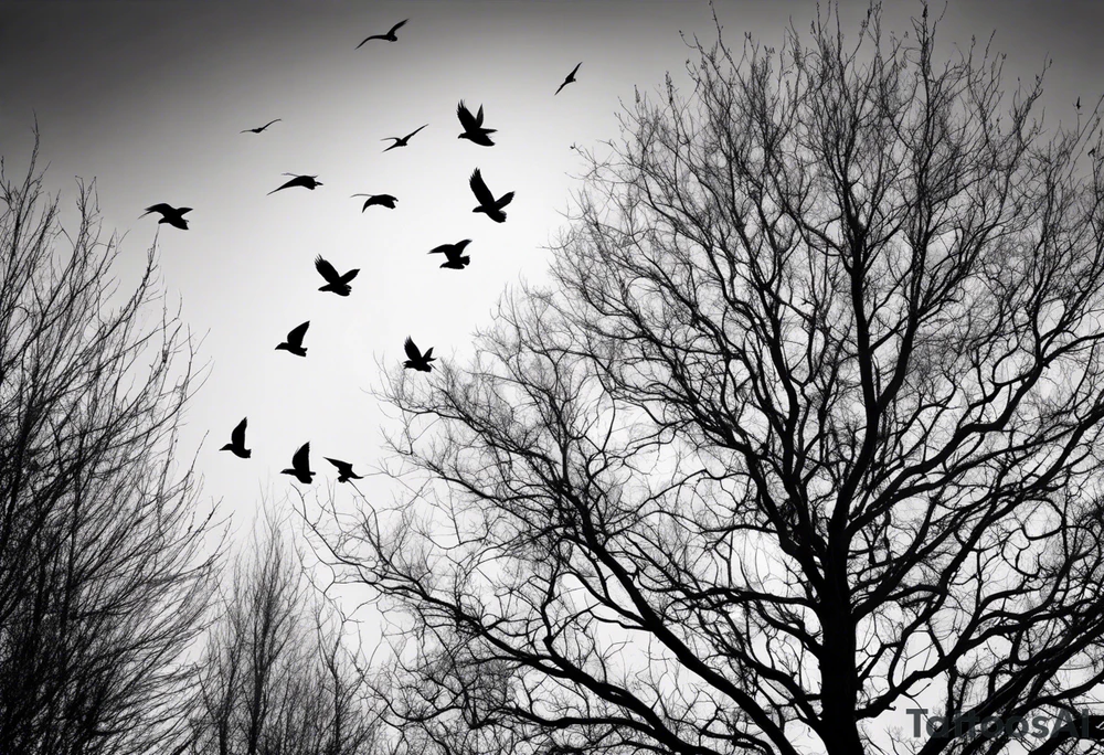 Leafless tree with a mix of birds and black birds flying by it. Make it skinnier tattoo idea