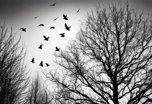 Leafless tree with a mix of birds and black birds flying by it. Make it skinnier tattoo idea