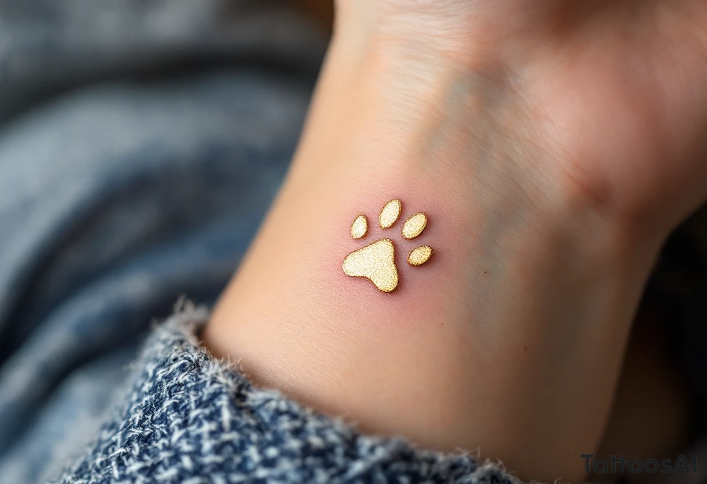 Single Gold Foil Paw Print – A single delicate paw outlined in shimmering metallic gold, placed near the heart or wrist, elegant and minimal. tattoo idea