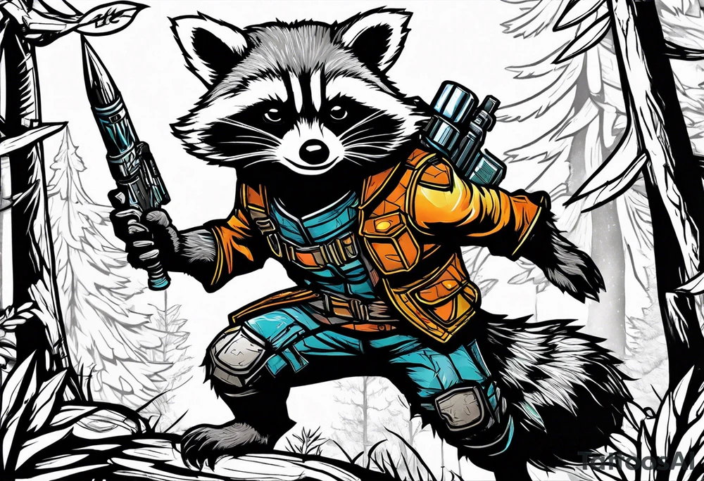 rocket raccoon in a defensive position in a forest tattoo idea
