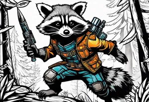 rocket raccoon in a defensive position in a forest tattoo idea