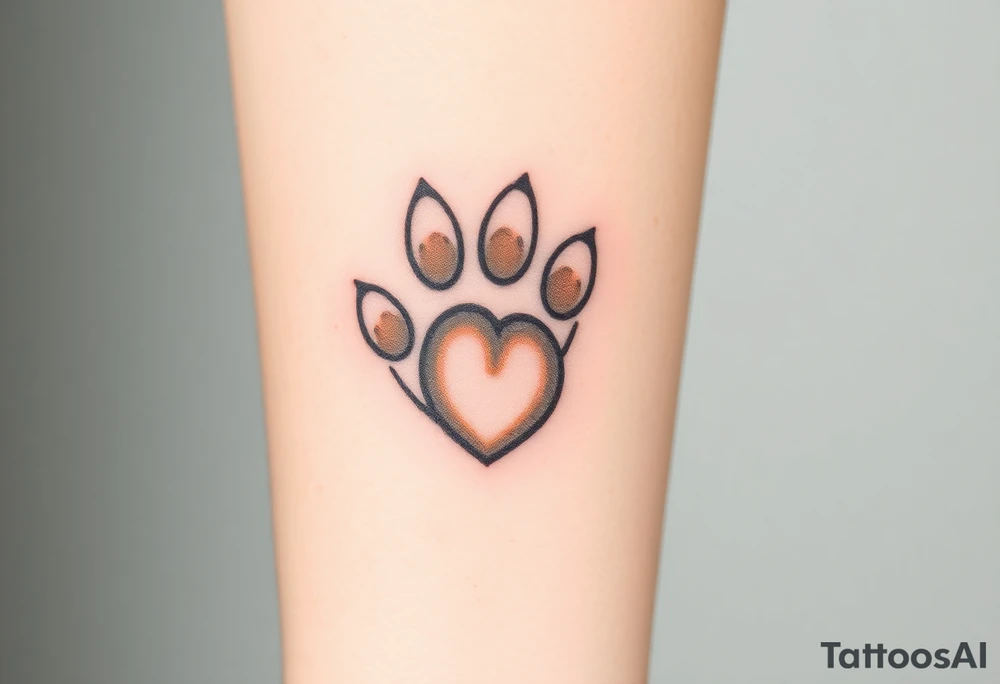 A detailed cat paw with soft fur textures, using natural tones of cream, gray, and light brown for a delicate and cozy feel and heart tattoo idea