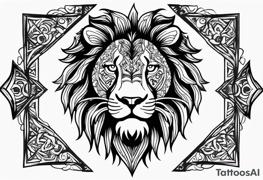Cross with lion face on one side tattoo idea