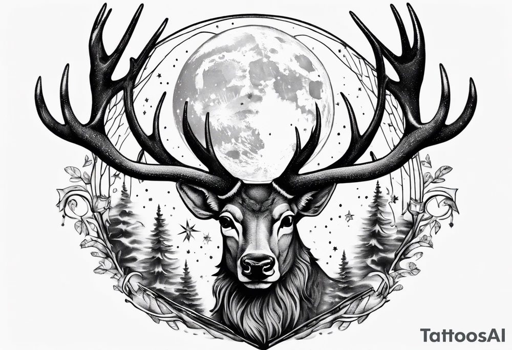Magical stag with the view of the moon in between its antlers tattoo idea