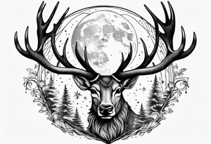 Magical stag with the view of the moon in between its antlers tattoo idea
