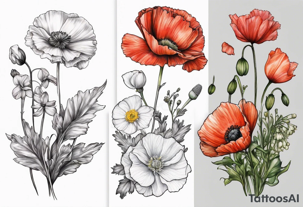 Carnation, primrose, daisy, daisy, lily of the valley, poppy, poppy, poppy, aster, norcissus tattoo idea