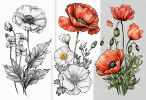 Carnation, primrose, daisy, daisy, lily of the valley, poppy, poppy, poppy, aster, norcissus tattoo idea