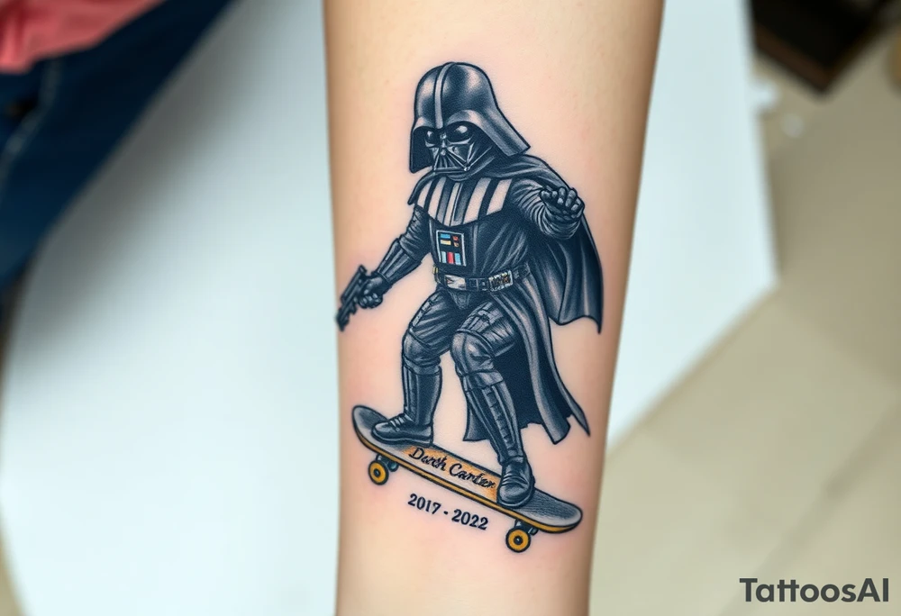 Darth Vader skateboarding holding gun > bullets > memorial > god > colors > futuristic 
add name "Darth Carter" on skateboard
add date in loving memory 12/29/88-01/06/24 tattoo idea