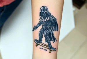 Darth Vader skateboarding holding gun > bullets > memorial > god > colors > futuristic 
add name "Darth Carter" on skateboard
add date in loving memory 12/29/88-01/06/24 tattoo idea