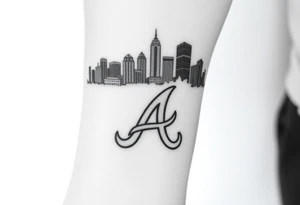Atlanta city skyline with the Atlanta Braves “A” letter logo negative shaded tattoo idea